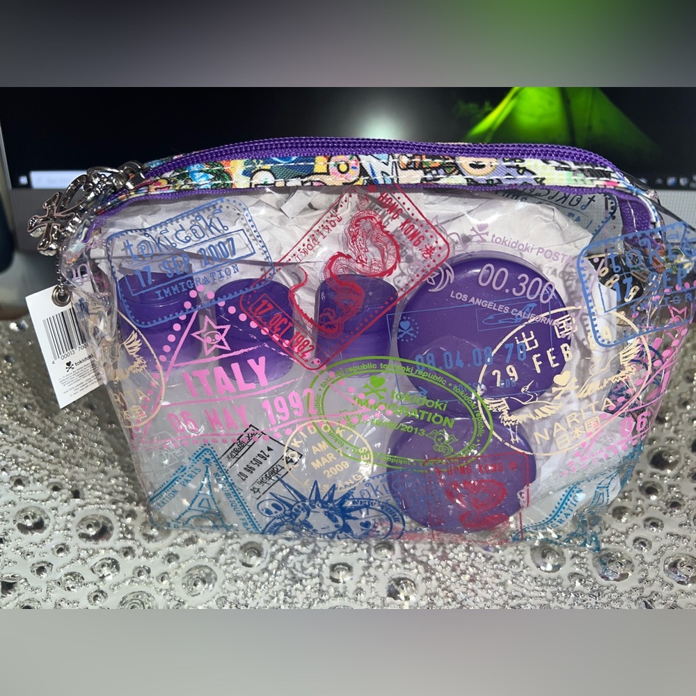 Brand New Vintage Tokidoki Clear Travel Makeup Bag With Bottles